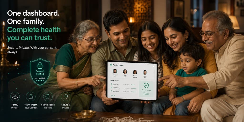 One dashboard for your whole family — secure OTP consent, shared health timeline, and private records on Aarogya360