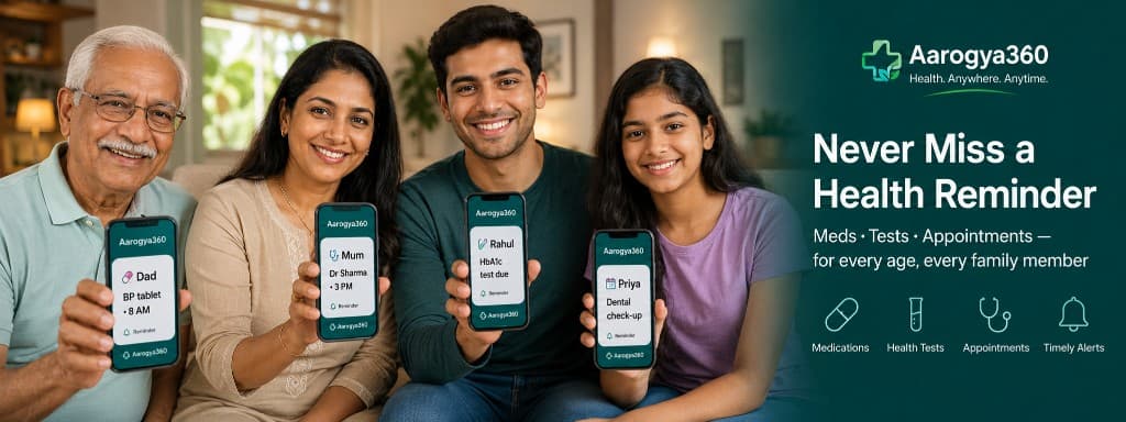 Never miss a health reminder — Meds, Tests, and Appointments for every age and family member on Aarogya360