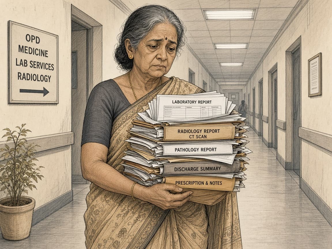 Arms full of medical file packets — the old way