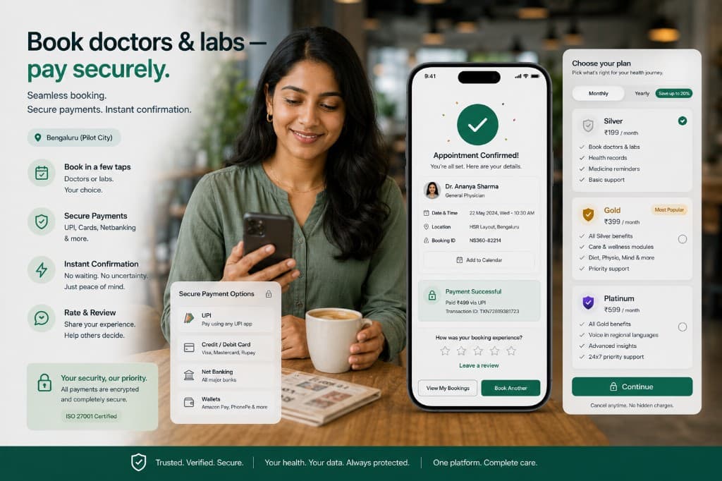 Book doctors & labs — pay securely